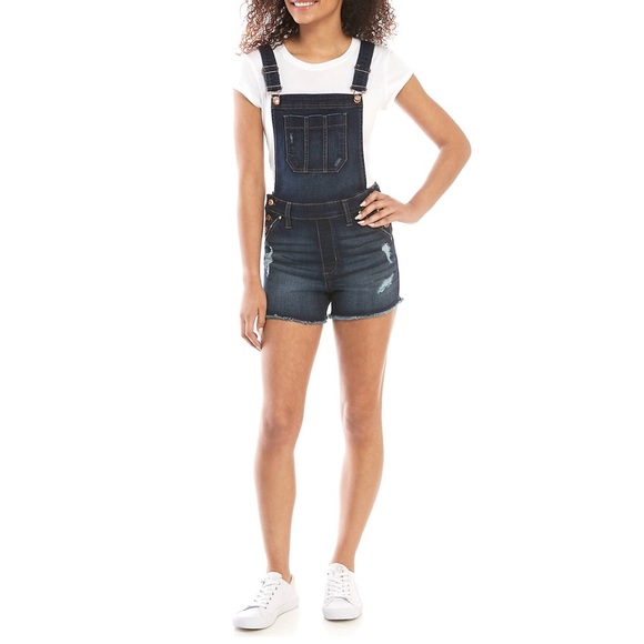 Celebrity Pink Juniors Dark Wash Stretch Denim Shortalls Size Large - Picture 1 of 9